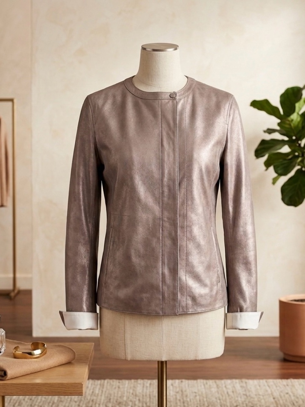 [Akris] Reversible Pearlized Metallic Nappa Leather Jacket Cropped Sz: 4